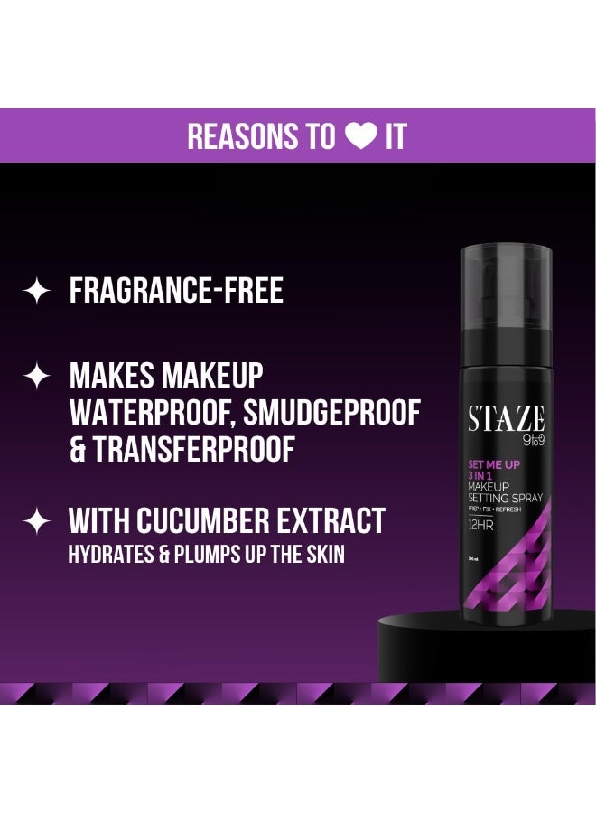 Staze 9to9 Set Me Up Makeup Setting Spray | 3 In 1 Prep + Fix + Refresh & Locks Makeup | for 12Hrs long lasting | Mattifying & Non-sticky | Hydrating & Absorbs Instantly | All skin types | 100 ml - Image 2